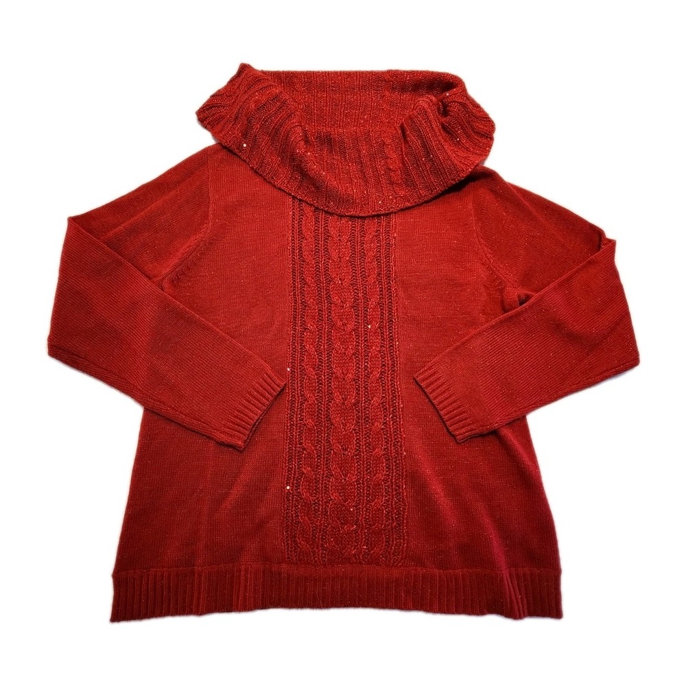 Sagharbor Womens Size Large Sweater Red Cowl Neck Sparkle Holiday Party Festive